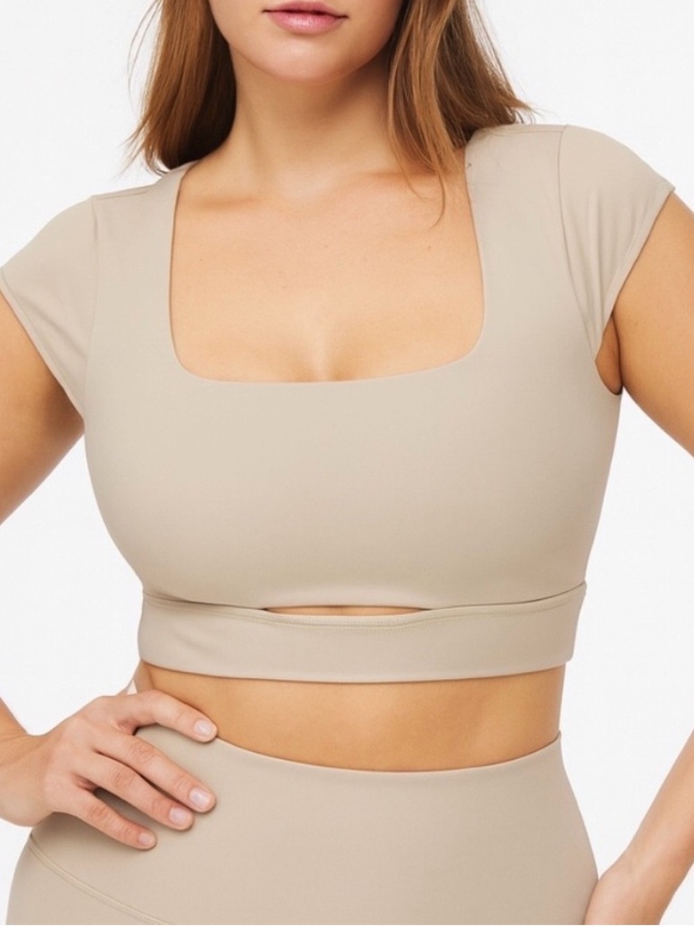 Girlfriend Collective Beige Square Neck Cap Sleeve Crop Top Bra xl padded Farrah